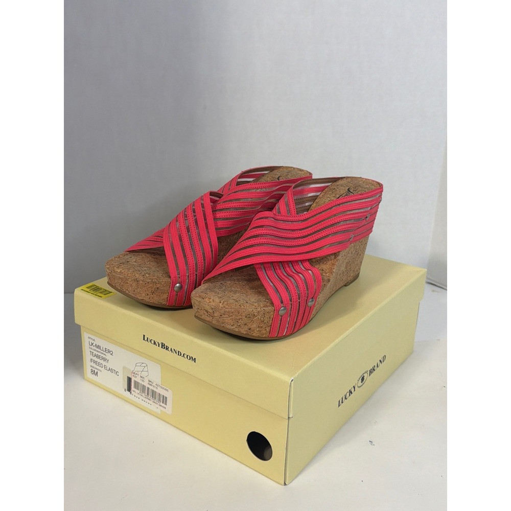 Lucky Brand Miller 2 Teaberry Pink Elastic Cork Wedge Sandals 8M LK-MILLER2